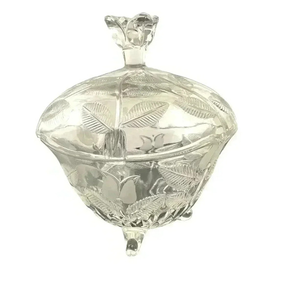 VTG Clear Crystal Glass Footed Candy Dish with Lid Etched Tulip Pattern - Picture 1 of 16